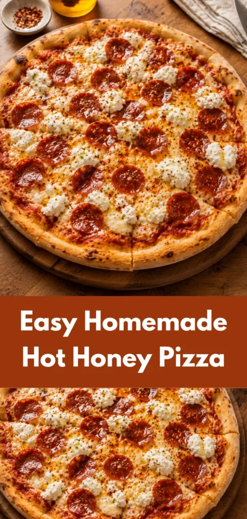 A freshly baked hot honey pepperoni ricotta pizza on a simple serving board, topped with pepperoni, creamy ricotta and a light hot honey finish, presented as an inviting homemade pizza dinner.