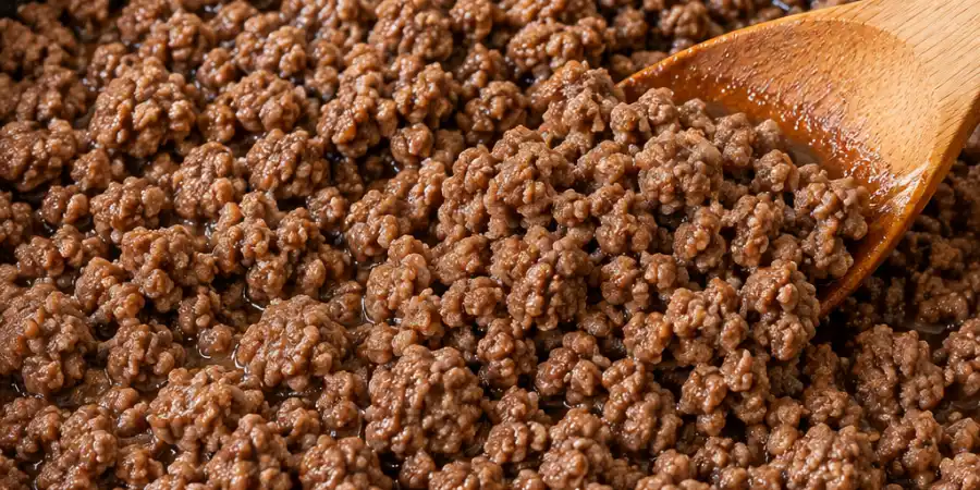 Finely crumbled cooked ground beef in a non-stick skillet with a wooden spoon