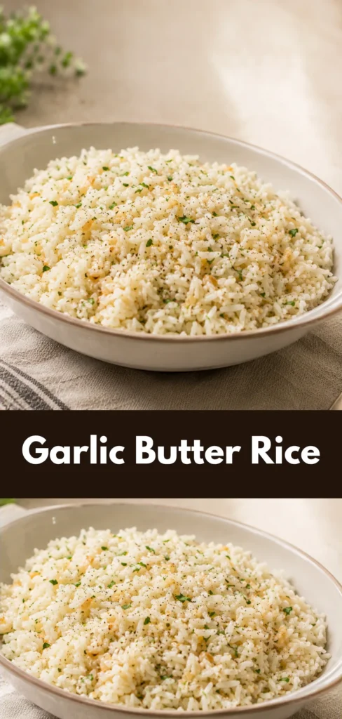 A bowl of Garlic Butter Rice with fluffy cooked grains and subtle garlic pieces, photographed as a finished homemade side dish in a simple table setting.