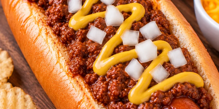 Grilled hot dog in a toasted bun topped with fine hot dog chili, yellow mustard and diced onion