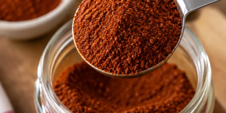 Ground red chili powder in a measuring spoon above a glass jar