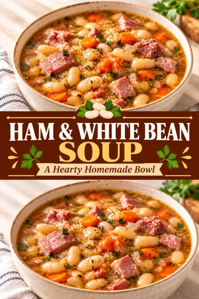 A bowl of homemade ham and white bean soup on a neutral tabletop, with white beans and pieces of ham visible in the savory soup. The finished soup is presented as a simple homemade meal.