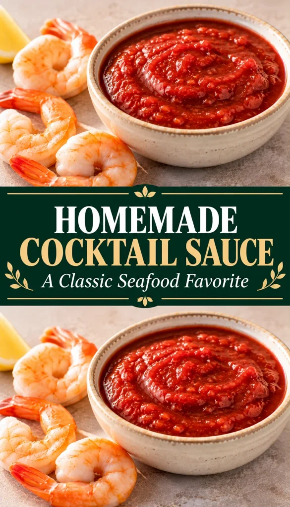 Bowl of homemade cocktail sauce on a neutral serving surface with a small amount of shrimp nearby and a serving utensil.