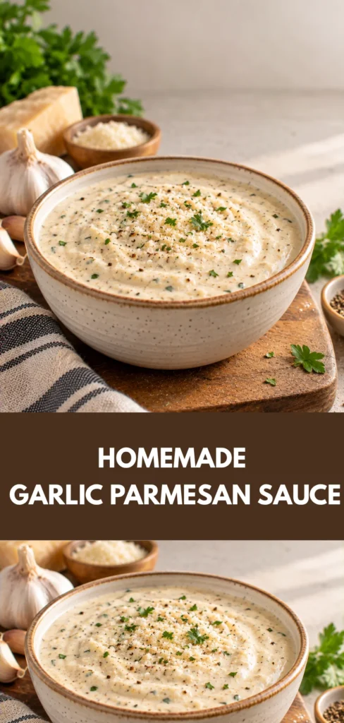 A bowl of creamy garlic Parmesan sauce sits on a tabletop as the main focus, with simple serving elements softly visible around it. The homemade sauce has a smooth, rich appearance and is presented as a finished recipe.