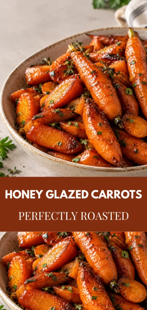 A shallow rustic serving dish filled with freshly oven-roasted honey glazed carrots, showing glossy glaze, browned roasted surfaces and tender-looking carrot pieces, photographed from a slightly elevated three-quarter angle on a warm dining surface.