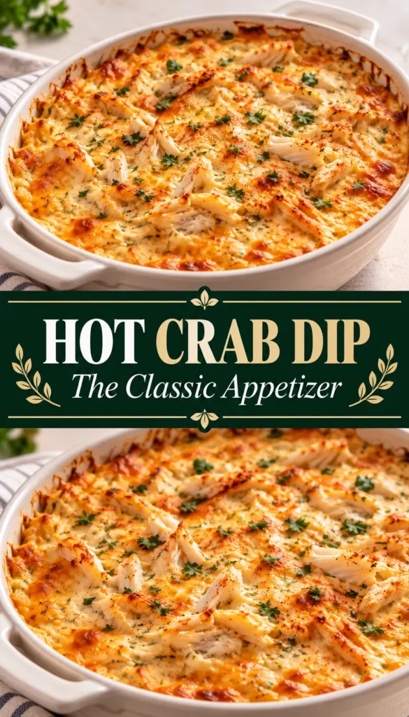 Hot crab dip in its serving dish, shown as a finished creamy appetizer with a clean and simple presentation.