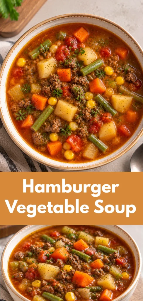 A bowl of homemade hamburger vegetable soup with browned ground beef and tender vegetables in savory broth, photographed in a cozy three-quarter view on a simple tabletop.