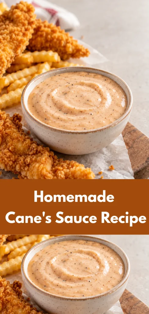 A bowl of creamy Cane's-style dipping sauce served with chicken and fries on a simple food surface