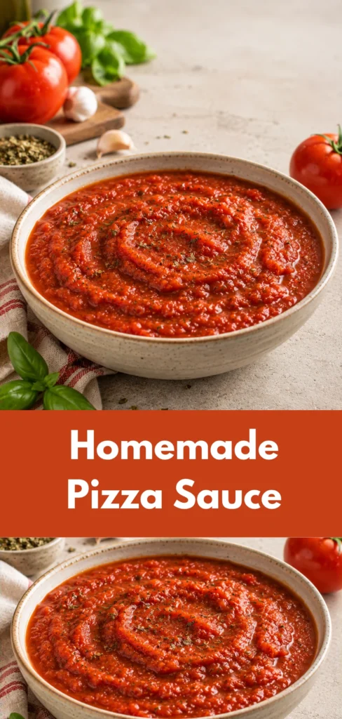 A shallow ceramic bowl filled with freshly prepared homemade pizza sauce, showing a smooth thick tomato texture on a simple kitchen surface with fresh tomatoes and herbs nearby.