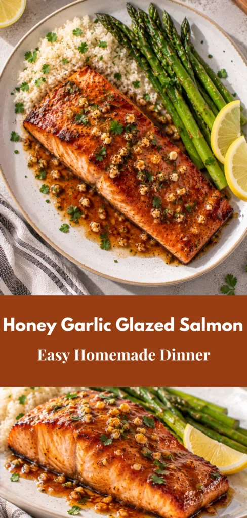 A serving of honey garlic glazed salmon with a naturally glossy honey-garlic coating, presented as a finished homemade dinner on a simple serving plate.