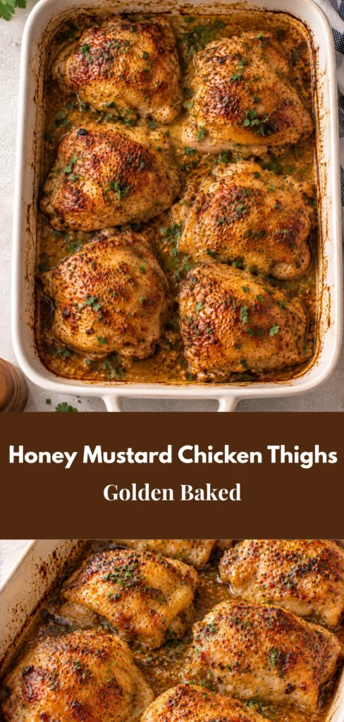 A baking dish filled with golden-browned honey mustard chicken thighs, coated in a lightly glossy sweet-tangy glaze and arranged as a finished homemade baked dinner.