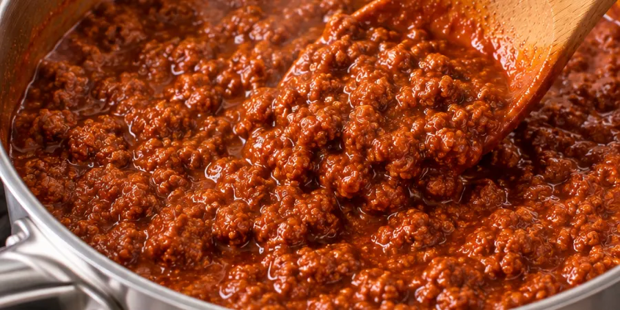Hot dog chili sauce reheating in a saucepan on a gas burner