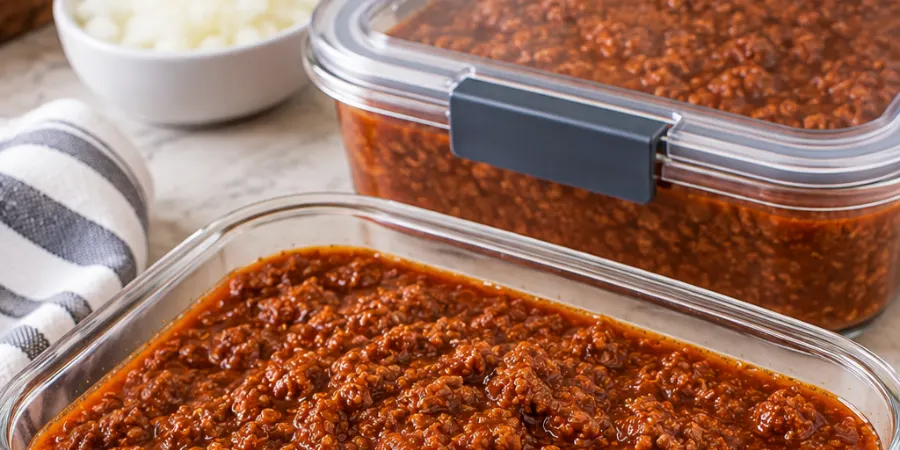 Hot dog chili sauce stored in two airtight glass containers