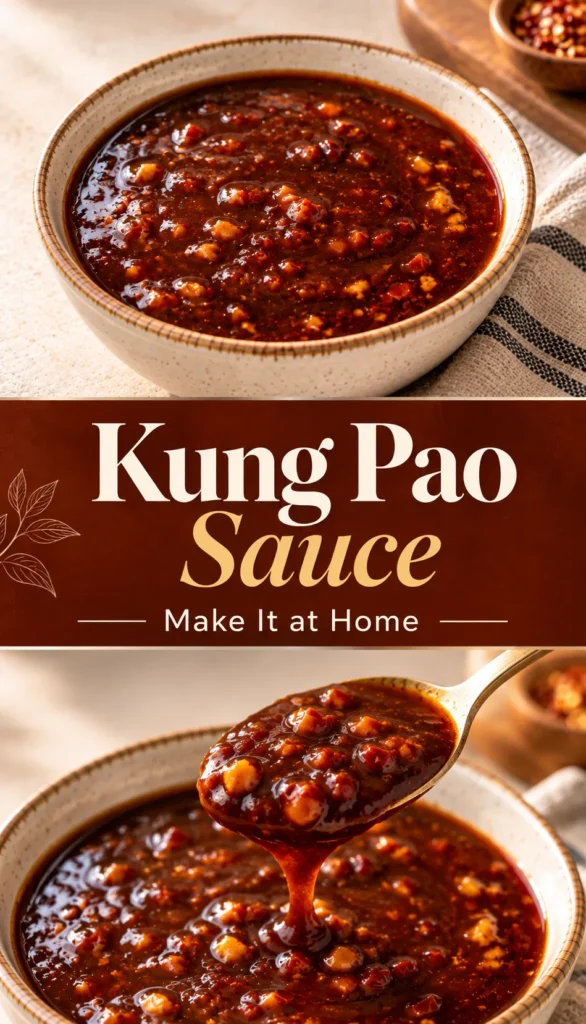 A bowl of homemade Kung Pao Sauce showing its finished consistency on a simple food-focused surface.