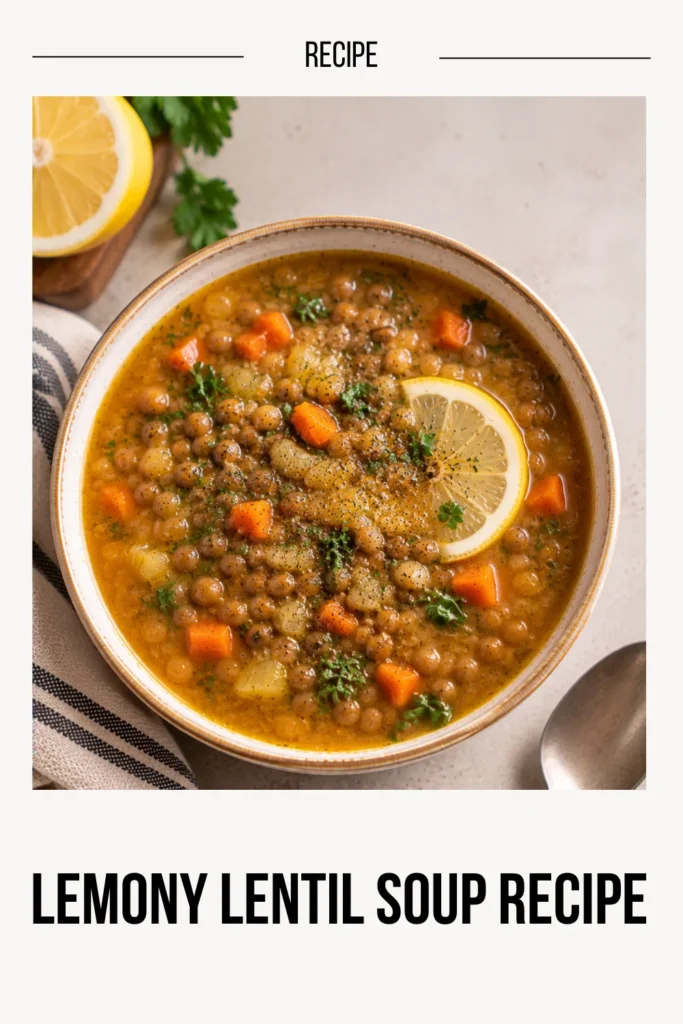 A bowl of lemony lentil soup with visible lentils, with a fresh lemon in the foreground and a spoon in a simple serving setting.
