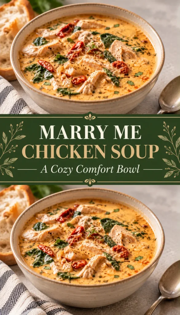 A bowl of creamy Marry Me Chicken Soup with tender chicken and visible vegetables served on a simple home dining surface with a spoon and small piece of bread nearby.