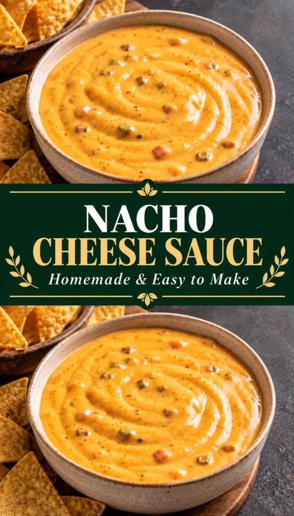 A bowl of smooth homemade Nacho Cheese Sauce sits beside a small serving of tortilla chips on a dark neutral surface, shown from a 45-degree angle with soft lighting.