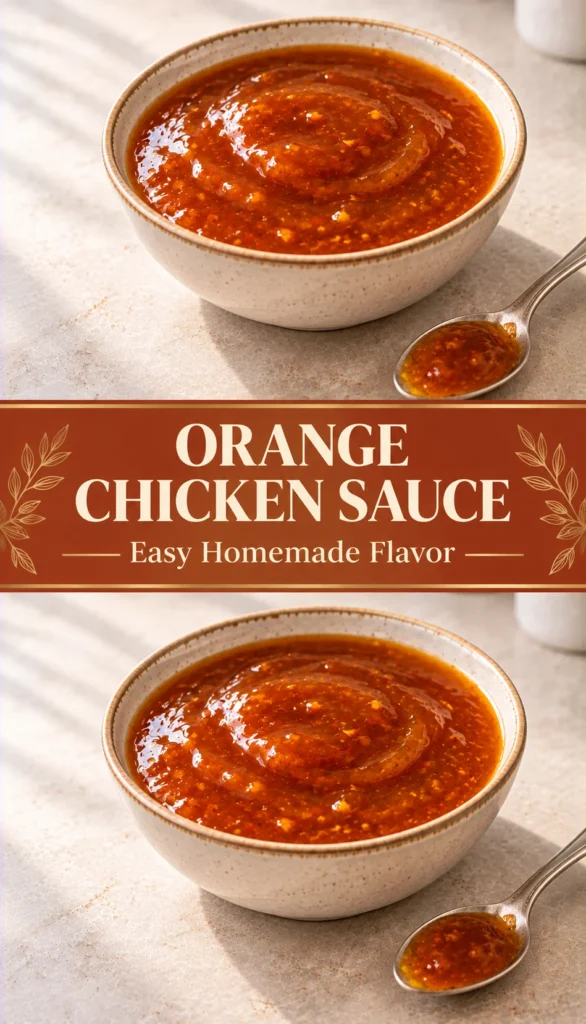 A smooth glossy orange sauce in a simple ceramic bowl on a clean kitchen counter with a spoon nearby, showing a finished homemade sauce.