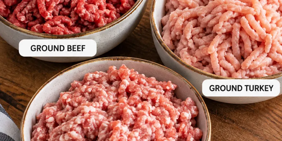 Raw ground beef, ground turkey and ground pork in three separate bowls