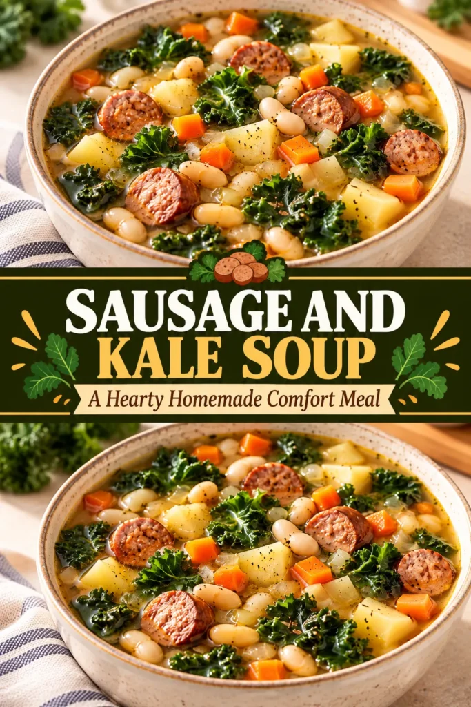 Sausage and Kale Soup in a bowl on a clean kitchen surface, with cooked sausage and kale naturally visible throughout the finished homemade soup.