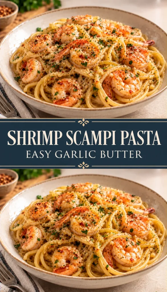 A finished serving of shrimp scampi pasta with tender shrimp and pasta coated in a buttery garlic sauce, presented in a simple neutral plate with soft natural lighting and a quiet warm background. The polished presentation shows the complete homemade meal.