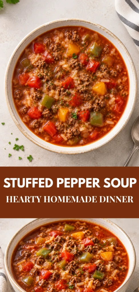 A complete bowl of homemade Stuffed Pepper Soup with ground beef, bell peppers, tomatoes and rice, photographed on a simple tabletop in natural light.