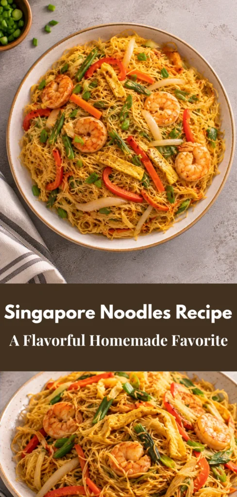 A bowl of freshly prepared Singapore noodles with rice noodles and vegetables, shown as a finished homemade dish.