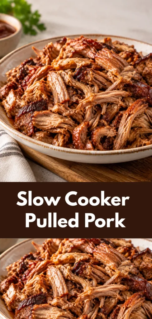 Tender slow cooker pulled pork served as a finished homemade meal
