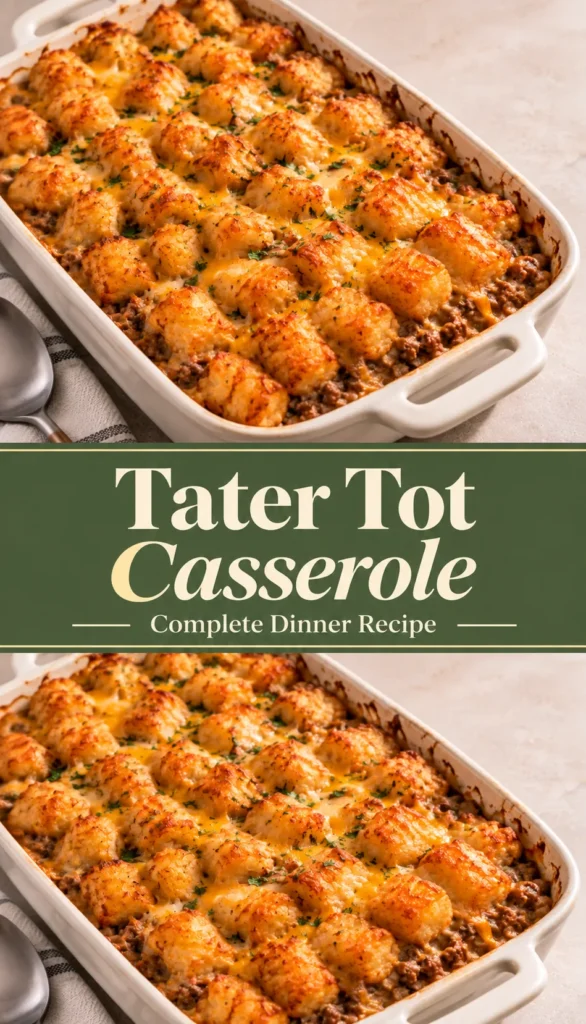 A finished Tater Tot Casserole with Ground Beef in a baking dish viewed from a clean three-quarter angle, with a golden tater tot topping and a simple serving utensil nearby. The image presents the complete casserole as a dinner recipe.