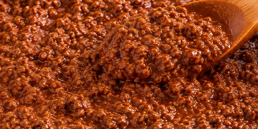 Thick hot dog chili sauce in a wide stainless steel skillet with a wooden spoon