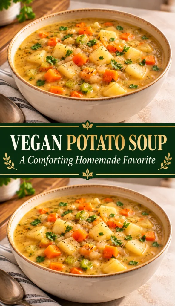 A bowl of vegan potato soup served on a neutral surface with a spoon and linen cloth in a softly lit home kitchen setting.