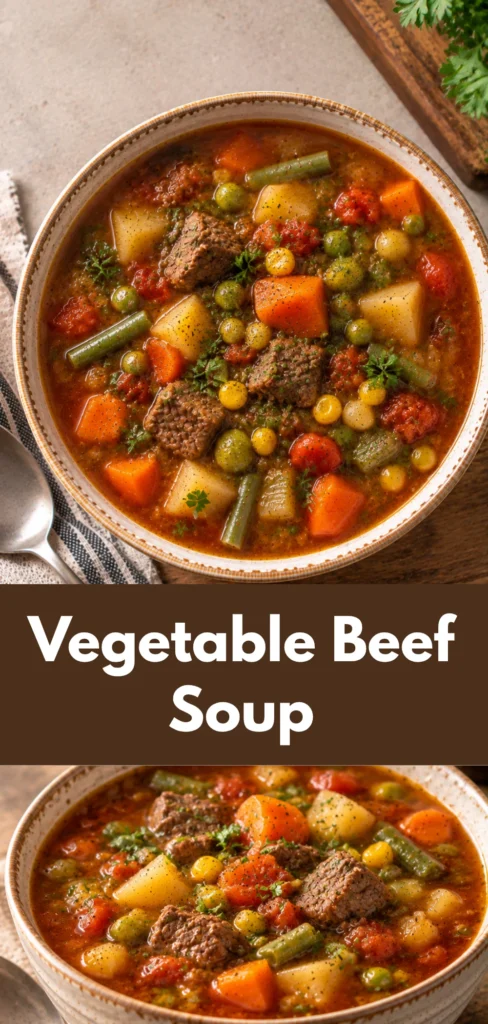 A rustic ceramic bowl filled with hearty vegetable beef soup, with tender beef pieces and mixed vegetables visible in a rich broth, served with a simple spoon on a warm wooden table.