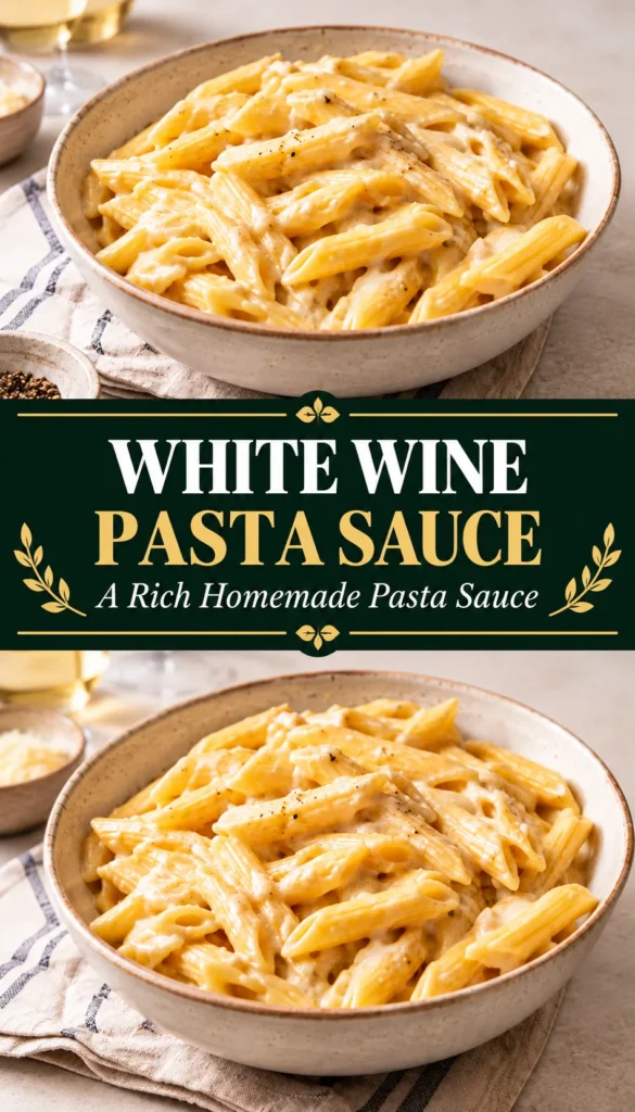 A finished pasta dish coated in white wine pasta sauce, shown from a 45-degree angle with the sauce clearly visible over the pasta on a clean serving surface. The image presents the sauce as a finished homemade pasta recipe.