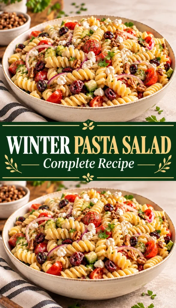 Finished Winter Pasta Salad served in a simple bowl with colorful pasta and visible fresh ingredients on a neutral surface.