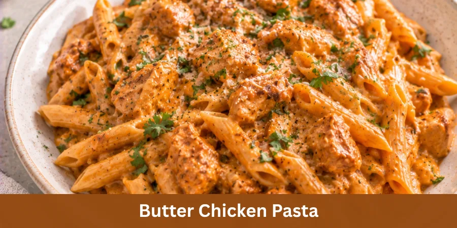 Butter Chicken Pasta served as a complete finished dish on a plate, with pasta and chicken clearly visible on a neutral dining surface.