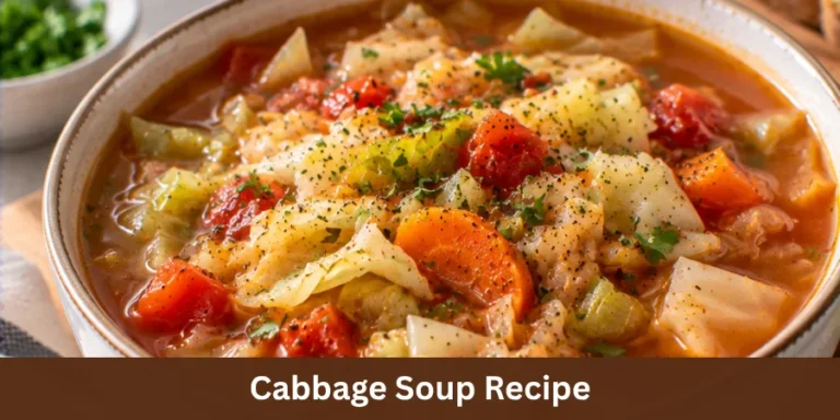 A finished bowl of homemade cabbage soup sits on a simple table, with tender cabbage and vegetables visible in the broth. The close three-quarter view emphasizes the hearty, comforting finished meal.
