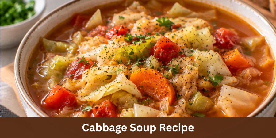 A finished bowl of homemade cabbage soup sits on a simple table, with tender cabbage and vegetables visible in the broth. The close three-quarter view emphasizes the hearty, comforting finished meal.