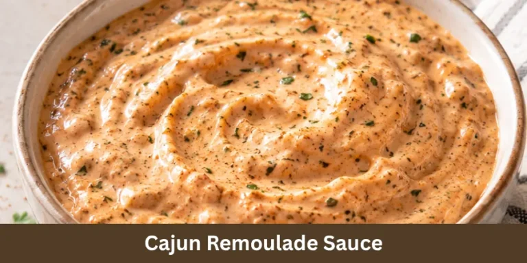 A bowl of creamy Cajun remoulade sauce on a neutral surface with a spoon beside it, shown in a finished food presentation.