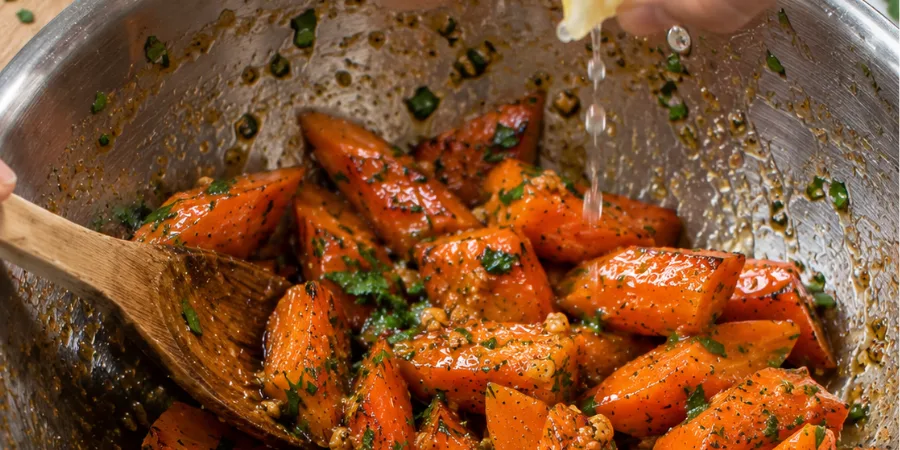 Finishing honey glazed carrots with lemon juice and fresh parsley