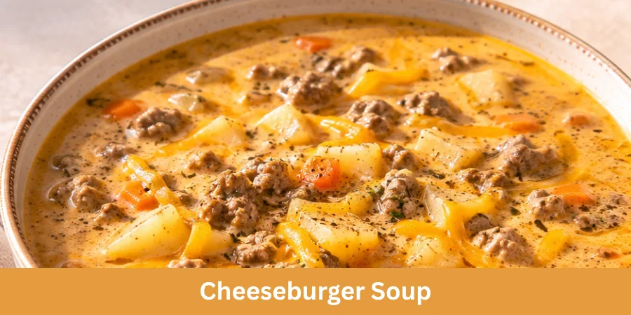 A bowl of finished Cheeseburger Soup served on a warm neutral surface with a simple spoon and subtle home-style table setting, photographed from a three-quarter angle for a comforting recipe presentation.