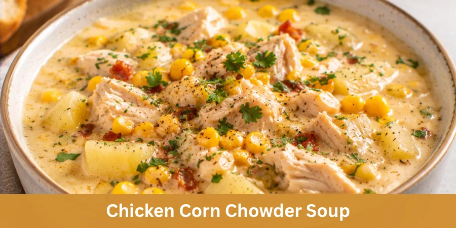 A neutral ceramic bowl filled with creamy chicken corn chowder soup, with tender chicken, sweet corn and potato pieces visible in the broth, presented as a finished homemade meal on a simple tabletop.