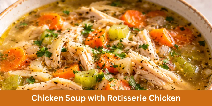 A bowl of homemade chicken soup with tender rotisserie chicken pieces in flavorful broth, presented on a clean neutral serving surface in natural daylight.