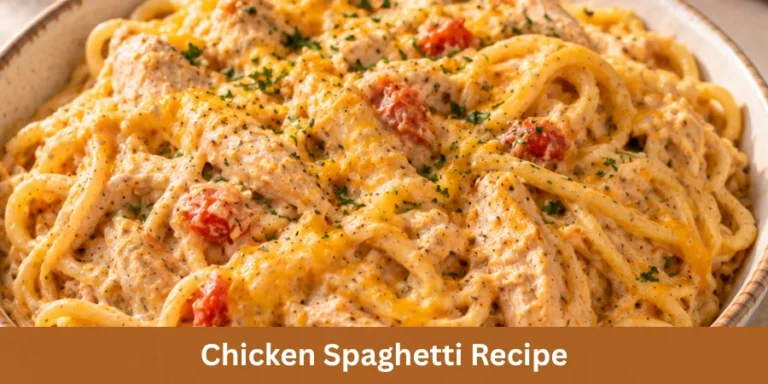 A serving of homemade chicken spaghetti with tender chicken and spaghetti coated in a creamy sauce in a simple serving dish, presented as a comforting family dinner.