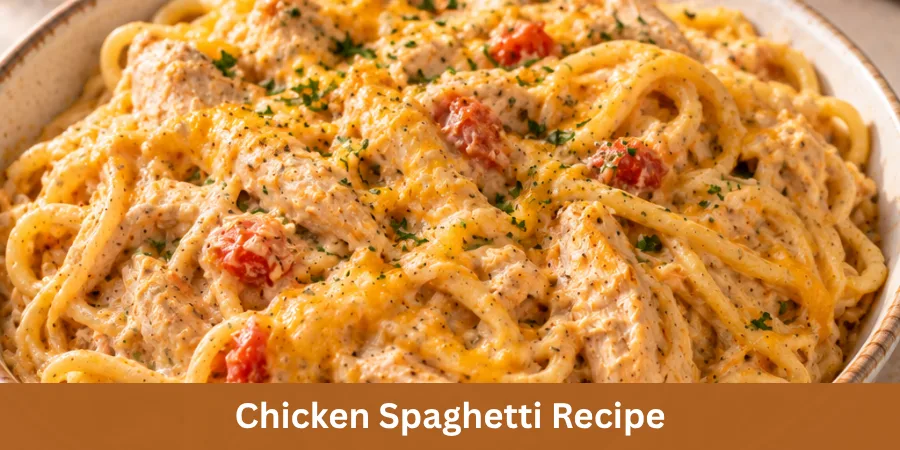 A serving of homemade chicken spaghetti with tender chicken and spaghetti coated in a creamy sauce in a simple serving dish, presented as a comforting family dinner.