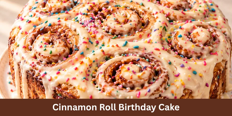 Finished cinnamon roll birthday cake with creamy frosting on a clean neutral baking surface, shown whole with visible cinnamon-roll layers and a subtle baking support in the background. A homemade birthday cake presented as a finished baked dessert.