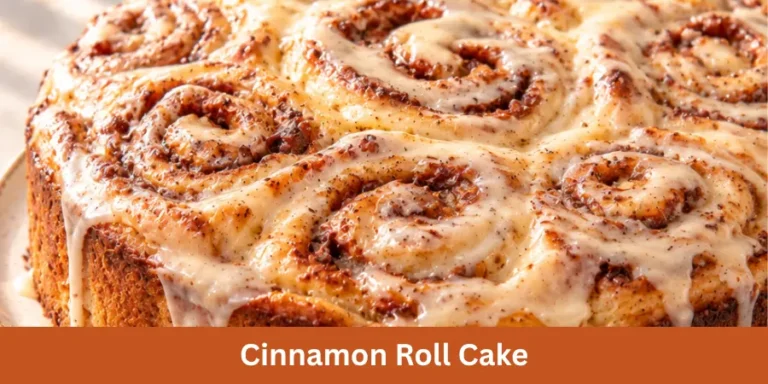 A whole homemade cinnamon roll cake is presented on a simple serving surface in a warm home kitchen. The finished cake is shown from a 45-degree angle with its baked cinnamon-swirl surface and complete shape clearly visible. The softly blurred kitchen background creates a warm and natural recipe setting.