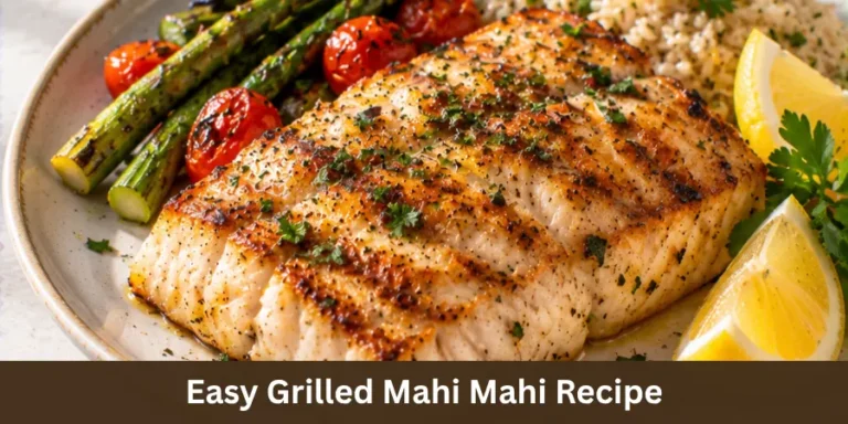 A finished grilled mahi mahi fillet arranged on a simple plate with a clean home-dining setting, photographed from a three-quarter angle as an easy seafood dinner.