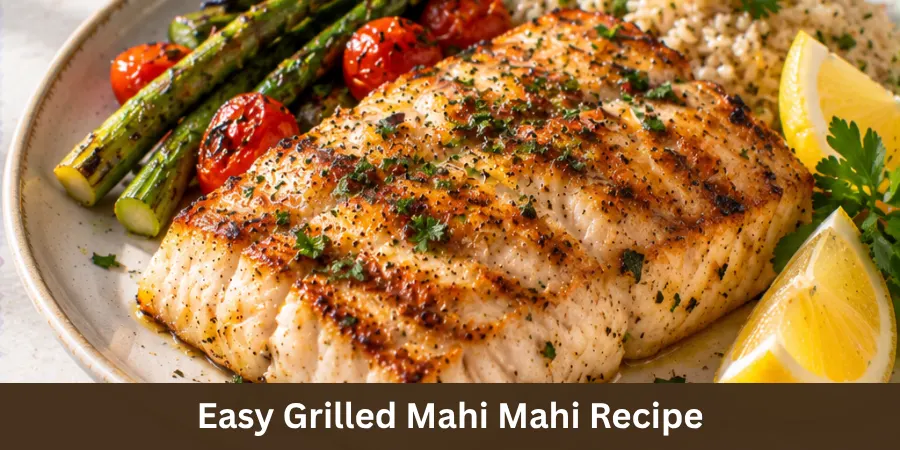 A finished grilled mahi mahi fillet arranged on a simple plate with a clean home-dining setting, photographed from a three-quarter angle as an easy seafood dinner.