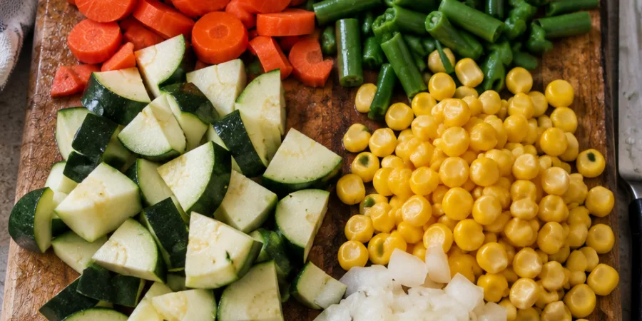 Fresh vegetable variation – carrots, green beans, corn, and zucchini chopped on a cutting board
