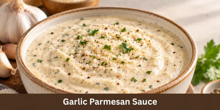 A bowl of creamy garlic Parmesan sauce sits on a tabletop as the main focus, with simple serving elements softly visible around it. The homemade sauce has a smooth, rich appearance and is presented as a finished recipe.